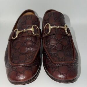 Gucci Men's Dark Brown Leather Loafers with Gold Detail
